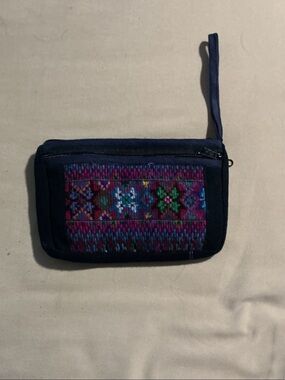 Woven Navy Blue & Multicolor Wristlet Clutch 3 pockets.